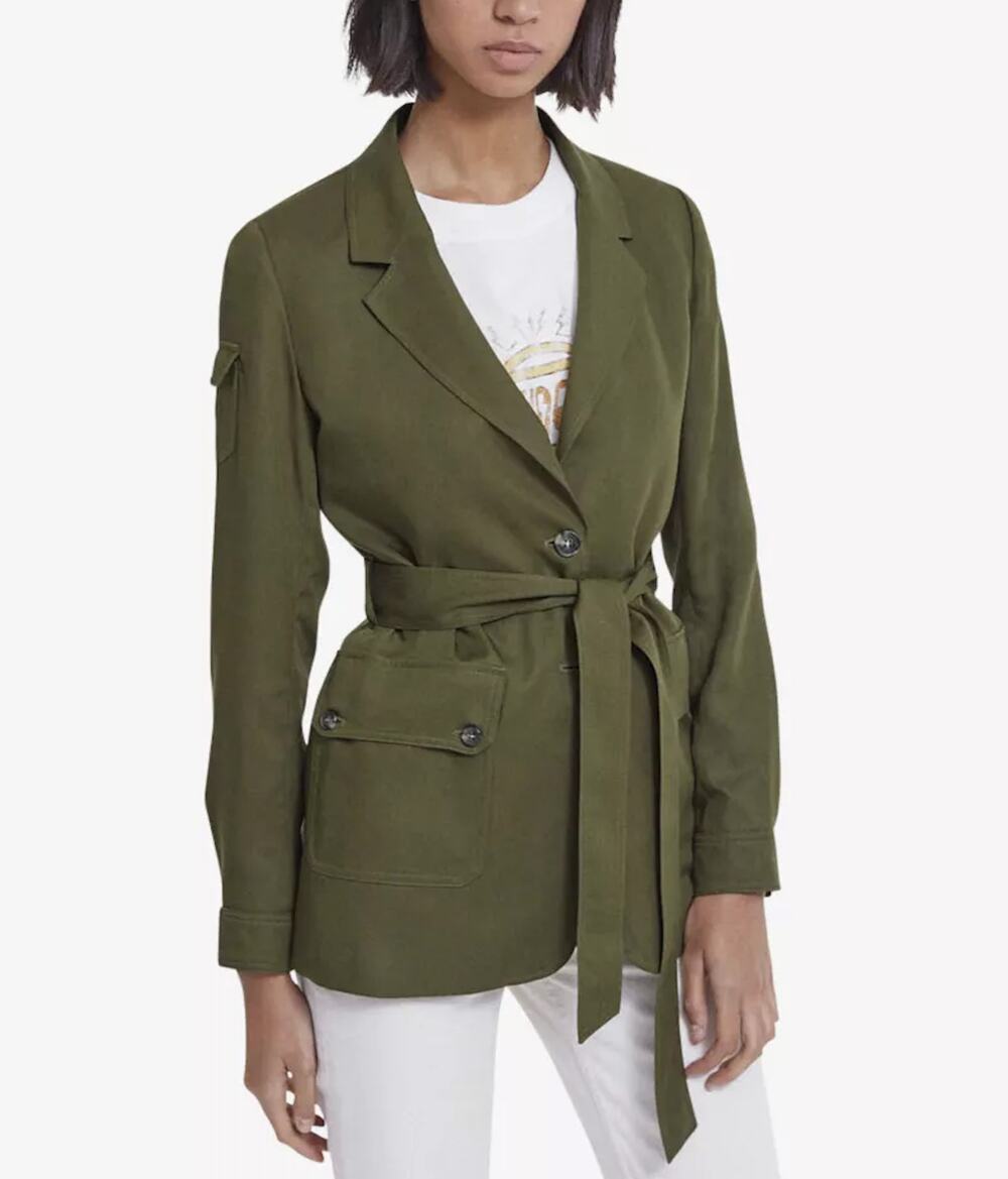 The Kooples Tencel Jacket Womens Size 36 Small Green Khaki Belted Oversized Fit